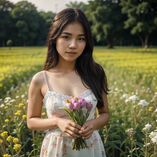 Beautiful, sweet 18 year old Thai woman with a field of flowers