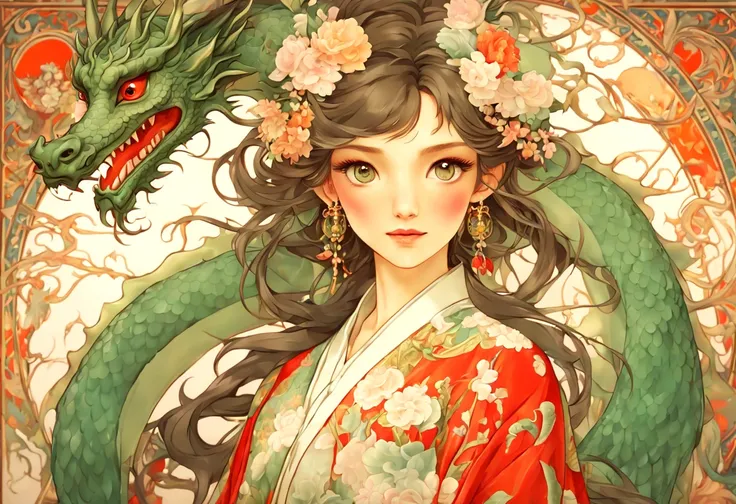 (best quality photo of an ultra beautiful girl wearing a see-through red kimono with a dragon in perfect geometrical harmony:1.3), (Alfons Mucha’s artwork:1.4 )(Fractal Art, colorfull, florals, artistic fantasy art, vivid colors:1.2), (An extremely delicat...