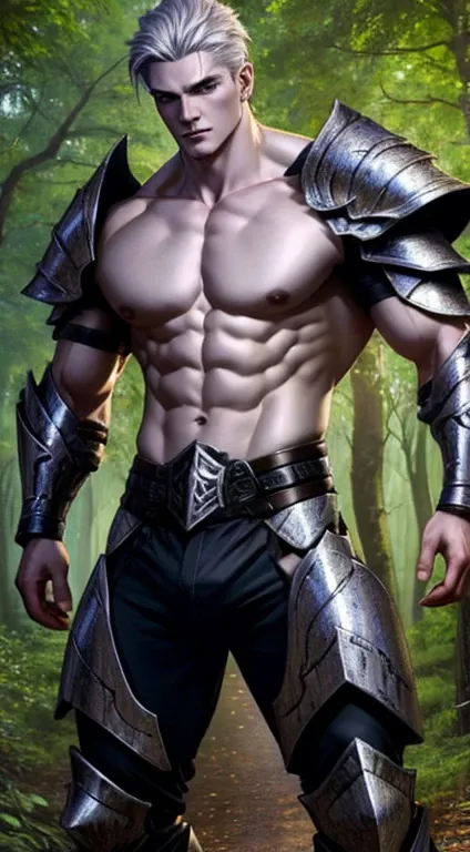 Fantasy art warrior, handsome face, silver hair, dragon eyes, detailed eyes, muscular body, ripped muscle, ectomorph body type, chaos armor, dynamic pose, sigma male, forest at the behind