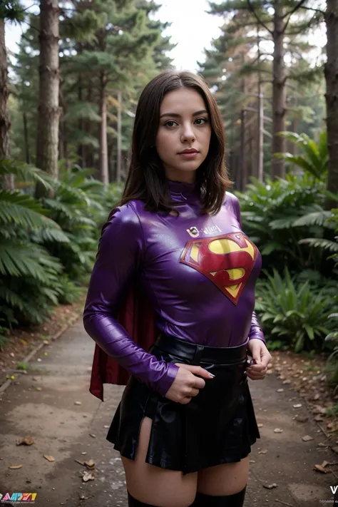 Photo d&#39 : cute brunette. She wear a purple  super man costume vynil bodysuit . She wear a black vynil skirt . She is standind . She is in dark forest.