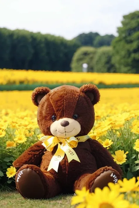 yellow small flower field dark brown teddy bear ribbon yellow