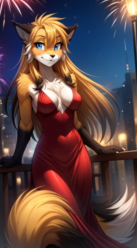 mike-twokinds, mike, twokinds, by tom_fischbach,, (best quality, masterpiece:1), solo, furry female anthro, blue eyes,long hair, black tip yellow hair, fingers, finger claws, looking at viewer, Fox tail, small boobs, in a New Year&#39;s dress