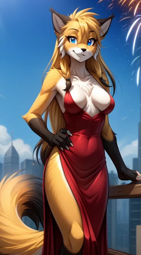 mike-twokinds, mike, twokinds, by tom_fischbach,, (best quality, masterpiece:1), solo, furry female anthro, blue eyes,long hair, black tip yellow hair, fingers, finger claws, looking at viewer, Fox tail, small boobs, in a New Year&#39;s dress