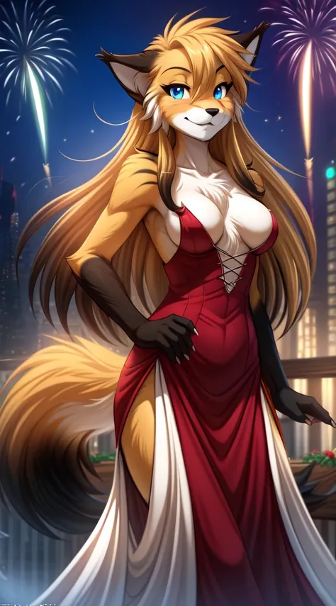 mike-twokinds, mike, twokinds, by tom_fischbach,, (best quality, masterpiece:1), solo, furry female anthro, blue eyes,long hair, black tip yellow hair, fingers, finger claws, looking at viewer, Fox tail, small boobs, in a New Year&#39;s dress