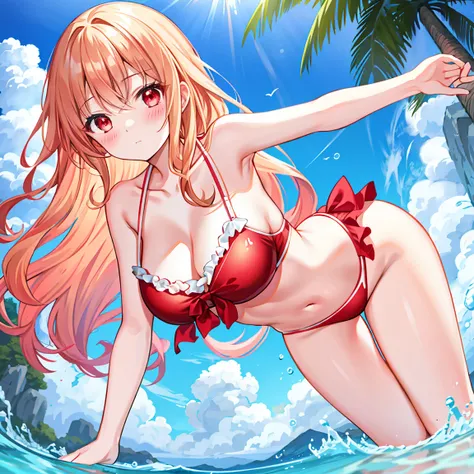 red blush、Wavy blonde hair、One beautiful girl with red eyes、animesque、独奏、swim wears、gravure