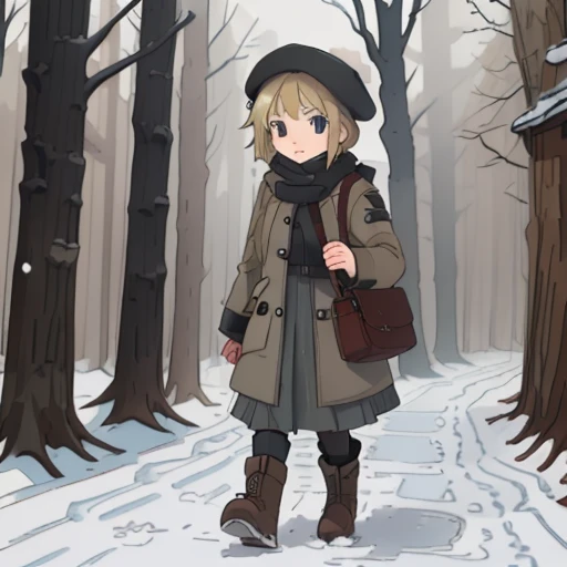 Young short finnish girl, short blonde hair, brown eyes, brown cross bag, long grey winter coat, long skirt, black winter boots, british beret hat, traveling alone walking, winter forrest