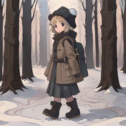 Young short finnish girl, short blonde hair, brown eyes, brown cross bag, long grey winter coat, long skirt, black winter boots, british beret hat, traveling alone walking, winter forrest