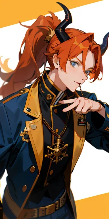 anime guy with ginger hair in a ponytail, demon horns, pirate, navy blue jacket, gold details,