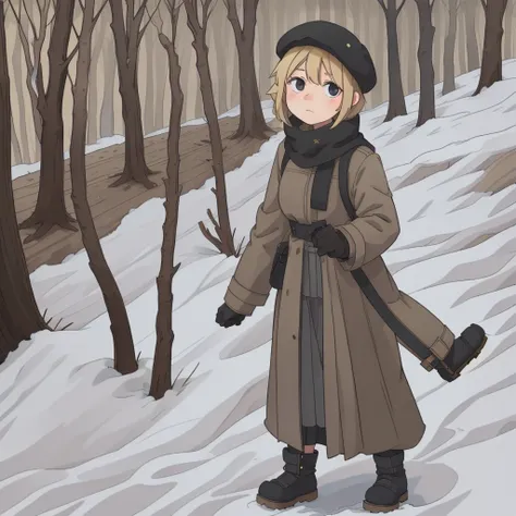 One Young short finnish girl, short blonde hair, brown eyes, brown cross bag, long grey winter coat, long skirt, black winter boots, british beret hat, large winter forrest, snowing