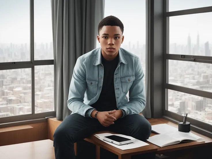 man sitting on a desk in front of a window with a city view, photo in style of tyler mitchell, in style of tyler mitchell, high quality portrait, professional portrait, photo portrait, mid shot portrait, sitting at his desk, teenage boy, professional portr...