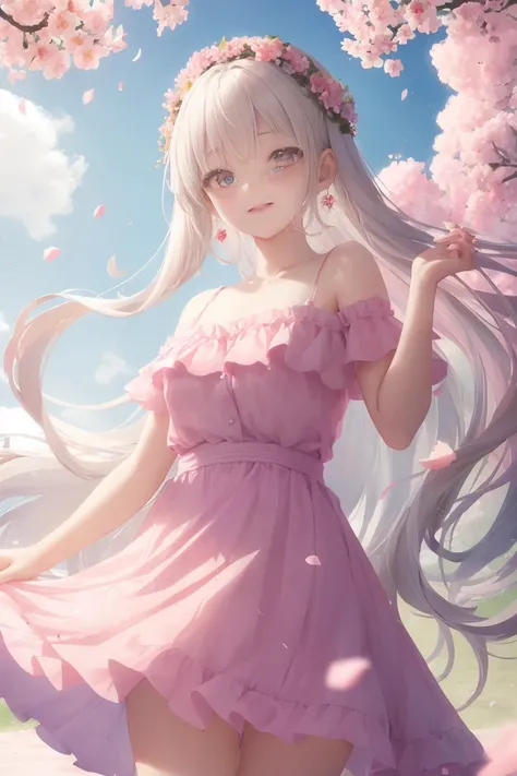 art by Cornflower, dreamy
cherry_blossoms, falling_petals, petals, branch, pink_flower, 1girl,20-year-old, blue_sky, spring_(season), petals_on_liquid, flower, hanami, dress, (Long blond curly hair：1.5),Wearing a wreath,sky, outdoors, cloud, bangs, smile, ...