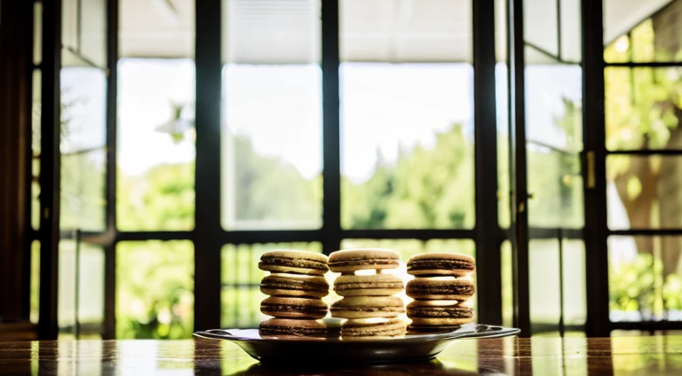 cookies macaroons in a beautiful interior on the table, large, romantic mood, blurred background