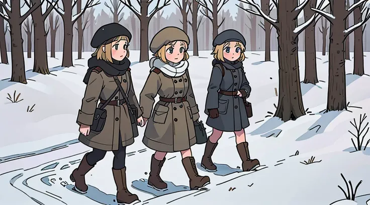 Young short finnish girl, short blonde hair, brown eyes, brown cross bag, long grey winter coat, long skirt, black winter boots, british beret hat, large winter forrest, snowing, walking in the woods alone, world war 2, battlefield