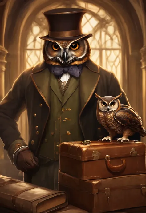 there is a man in an owl mask and with a suitcase, The Wizard of the Owl, dressed in period costume, expert high detail concept art, professor clothes, gentleman, academy director, masterpiece anthro portrait, From Cryptid Academia, based on Max Magnus Nor...