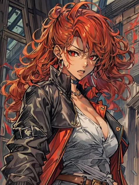 Masterpiece, best quality, high-res, extremely detailed, 1girl, (dark brown skin tone:1.2), red eyes, red hair, red curly hair, horns, short leather jacket, sleeves, abs, gloves, pants, torn pants, choker, belt, crop top, solo, a character portrait inspire...