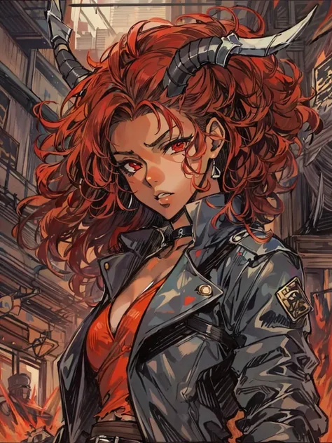 Masterpiece, best quality, high-res, extremely detailed, 1girl, (dark brown skin tone:1.2), red eyes, red hair, red curly hair, horns, short leather jacket, sleeves, abs, gloves, pants, torn pants, choker, belt, crop top, solo, a character portrait inspire...