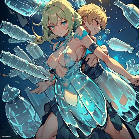 A liquid glass girl who serves an extremely unstable anti-gravity bottle armor.、liquid glass hair、Amazing dynamism、Amazing Angle、Unstable buoyancy sandstorm、((((((Many friendly bottles closely fused and chased each other))))))、((((eroding and tickling each...