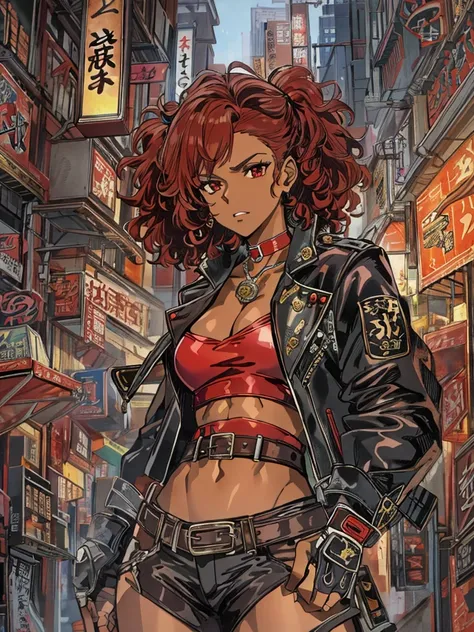 Masterpiece, best quality, high-res, extremely detailed, 1girl, (dark brown skin tone:1.2), red eyes, red hair, red curly hair, horns, short leather jacket, sleeves, abs, gloves, pants, torn pants, choker, belt, crop top, solo, a character portrait inspire...