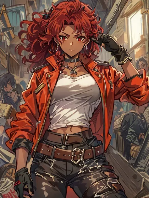 Masterpiece, best quality, high-res, extremely detailed, 1girl, (dark brown skin tone:1.2), red eyes, red hair, red curly hair, horns, short leather jacket, sleeves, abs, gloves, pants, torn pants, choker, belt, crop top, solo, a character portrait inspire...