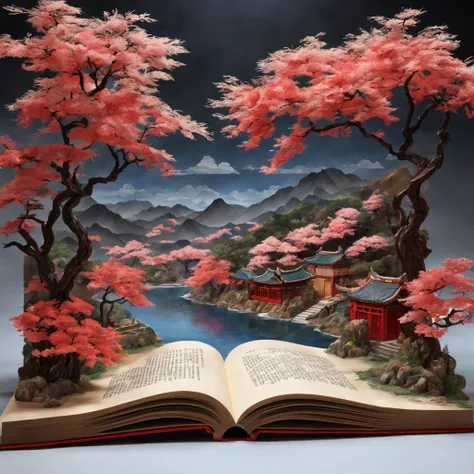 （popup book：1.5）， Cuttings style：A traditional Chinese village is hosting a grand New Year fireworks display。On a cold winter night，Peach Blossom Forest，Red Maple，Rolling hillest qualtiy，4K，8K，A high resolution，tmasterpiece：1.2），super-fine，（realisticlying，...