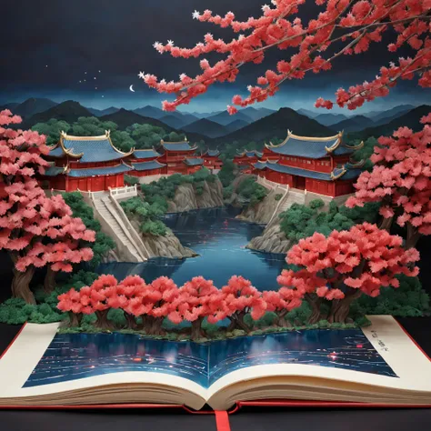 （popup book：1.5）， Cuttings style：A traditional Chinese village is hosting a grand New Year fireworks display。On a cold winter night，Peach Blossom Forest，Red Maple，Rolling hillest qualtiy，4K，8K，A high resolution，tmasterpiece：1.2），super-fine，（realisticlying，...