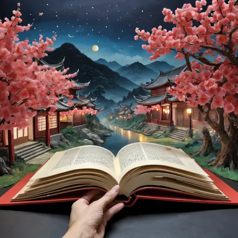 （popup book：1.5）， Cuttings style：A traditional Chinese village is hosting a grand New Year fireworks display。On a cold winter night，Peach Blossom Forest，Red Maple，Rolling hillest qualtiy，4K，8K，A high resolution，tmasterpiece：1.2），super-fine，（realisticlying，...