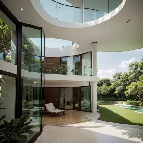 A two-story villa with curved lines and a glass terrace and a view of curved glass, next to greenery and trees.