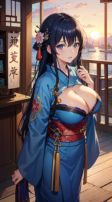 Blue kimono、Dark hair、Blue eyes、length hair、sunset shrine、First visit、plum blossom pattern、Beautiful woman with big breasts、