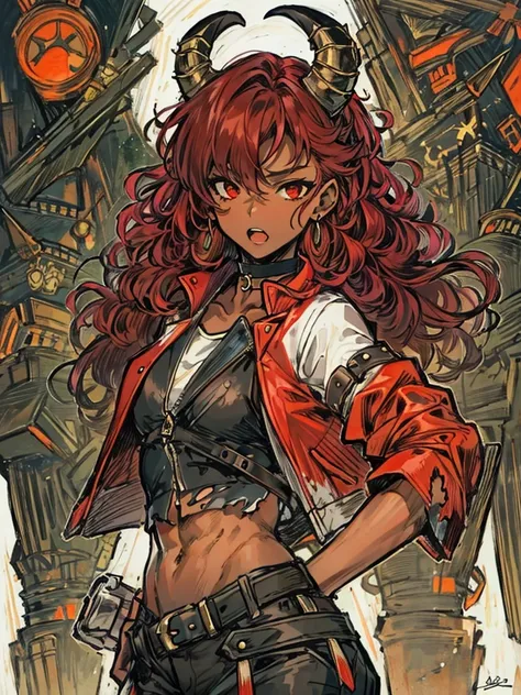 Masterpiece, best quality, high-res, extremely detailed, solo, a character portrait inspired by Masamune Shirow, trending on pixiv, by Masamune Shirow, 1girl, (dark brown skin tone:1.2), red eyes, red hair, red curly hair, horns, short leather jacket, slee...