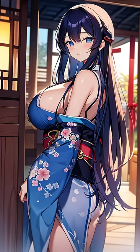 Blue kimono、Dark hair、Blue eyes、length hair、sunset shrine、First visit、plum blossom pattern、Beautiful woman with big breasts、