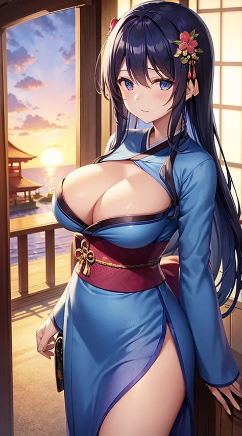 Blue kimono、Dark hair、Blue eyes、length hair、sunset shrine、First visit、plum blossom pattern、Beautiful woman with big breasts、