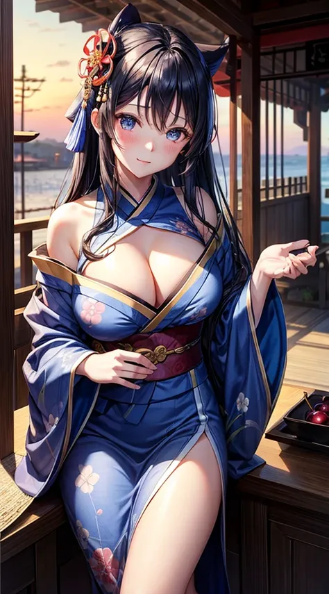 Blue kimono、Dark hair、Blue eyes、length hair、sunset shrine、First visit、plum blossom pattern、Beautiful woman with big breasts、