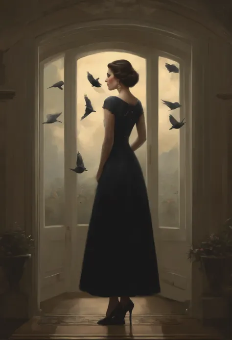 A picture of a person, standing in the doorway, and birds fly around., Ghibli Tom Bagshaw, tom bagshaw style, Artstyle: Tom Bagshaw, Tom Bagshaw Weta Studio, tom bagshaw style, Tom Bagshaw Донато Джанкола, Cover of the novel for the book, tom bagshaw artst...