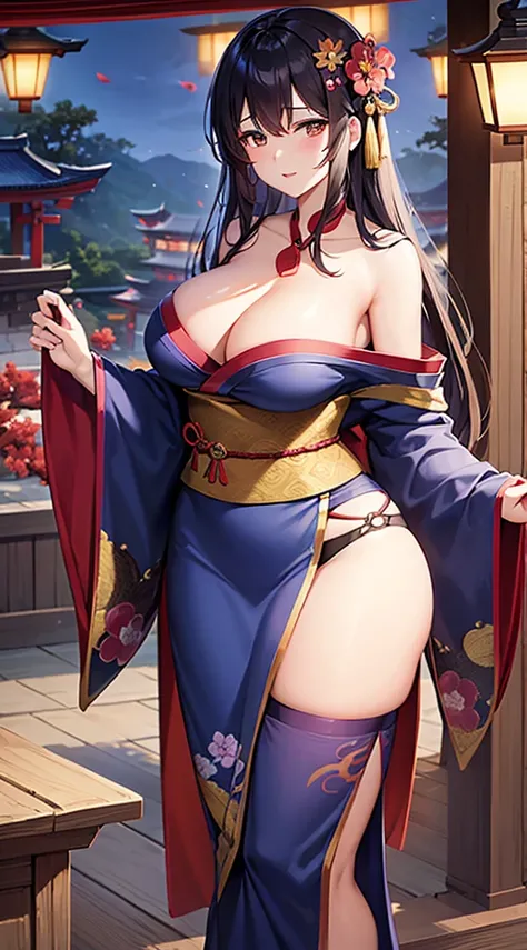 A dark-haired、Brown eyes、Beautiful woman with big breasts、A blue kimono with a pattern of a climbing dragon and plum blossoms、The background is a shrine、