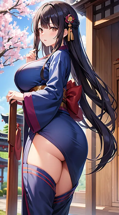 A dark-haired、Brown eyes、Beautiful woman with big breasts、A blue kimono with a pattern of a climbing dragon and plum blossoms、The background is a shrine、