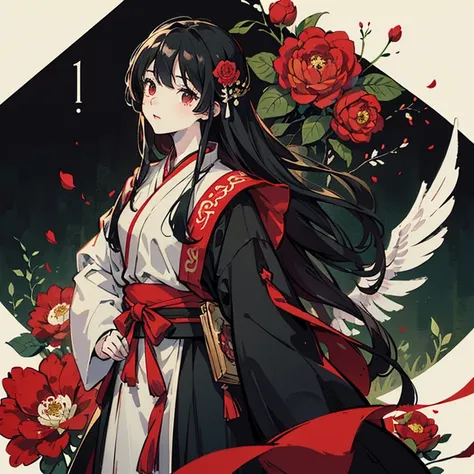 masutepiece, of the highest quality, illustration texture, illustration cover, Low contrast, girl, Hanfu, Long hair, Camellia flower, Red and black color scheme - AR3:4 - Upright - Rainbow 5 50 --s 2