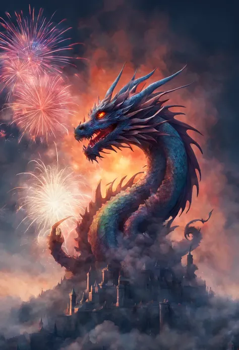 new year 2024, surreal art, text, fireworks, dragon