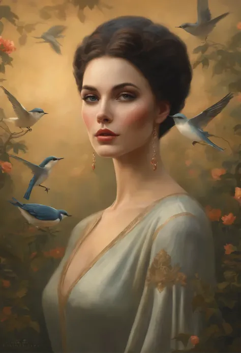 painting of a woman, around which a flock of birds flies., Ghibli Tom Bagshaw, tom bagshaw style, tom bagshaw artstyle, fantasy portrait art, Fantasy genre portrait, fantasy art portrait, portrait of Tom bagshaw, beautiful illustration, Artstyle: Tom Bagsh...