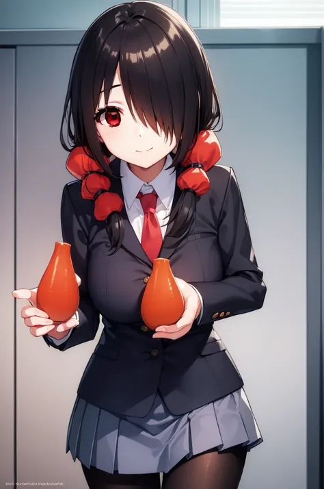 kurumitokisaki, tokisaki kurumi, clock eyes, black hair, low twintails, (hair over one eye:1.5), (red eyes:1.5), (big breast:1.1), smile,
BREAK school uniform, jacket, pantyhose, pleated skirt, black pantyhose,
BREAK indoors, classroom,
BREAK looking at vi...