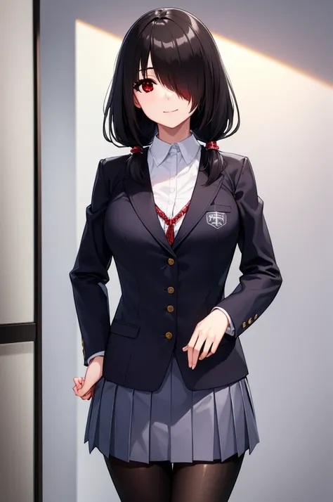 kurumitokisaki, tokisaki kurumi, clock eyes, black hair, low twintails, (hair over one eye:1.5), (red eyes:1.5), (big breast:1.1), smile,
BREAK school uniform, jacket, pantyhose, pleated skirt, black pantyhose,
BREAK indoors, classroom,
BREAK looking at vi...