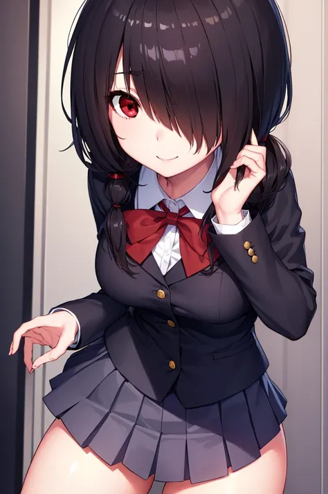 kurumitokisaki, tokisaki kurumi, clock eyes, black hair, low twintails, (hair over one eye:1.5), (red eyes:1.5), (big breast:1.1...