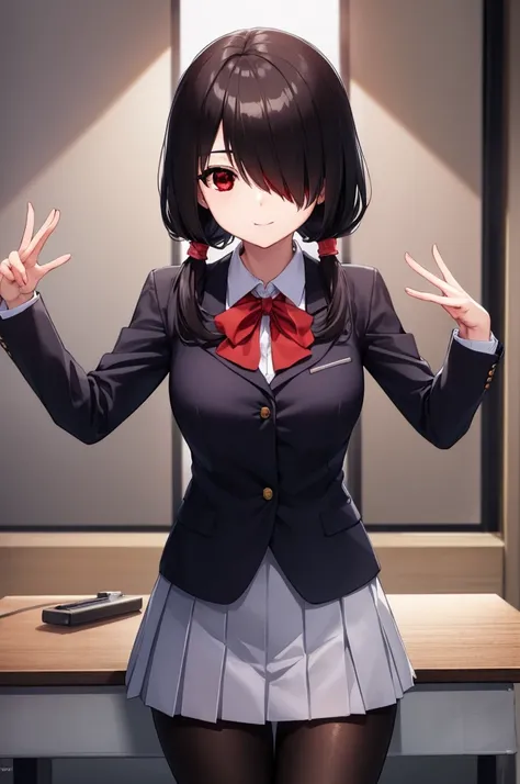 kurumitokisaki, tokisaki kurumi, clock eyes, black hair, low twintails, (hair over one eye:1.5), (red eyes:1.5), (medium breast:1.3), smile,
BREAK school uniform, jacket, pantyhose, pleated skirt, black pantyhose,
BREAK indoors, classroom,
BREAK looking at...