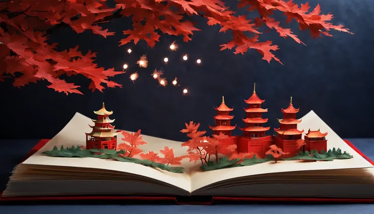 （popup book：1.5）， Cuttings style：A traditional Chinese village is hosting a grand New Year fireworks display。On a cold winter night，Red maple，Rolling hillest qualtiy，4K，8K，A high resolution，tmasterpiece：1.2），super-fine，（realisticlying，照片realisticlying，phot...