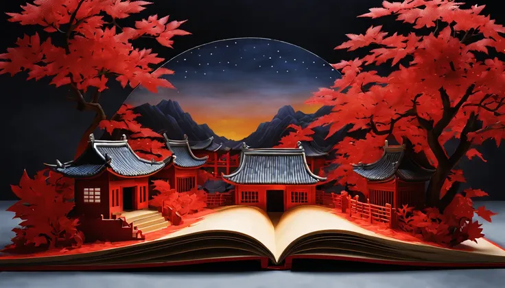 （popup book：1.5）， Cuttings style：A traditional Chinese village is hosting a grand New Year fireworks display。On a cold winter night，Red maple，Rolling hillest qualtiy，4K，8K，A high resolution，tmasterpiece：1.2），super-fine，（realisticlying，照片realisticlying，phot...