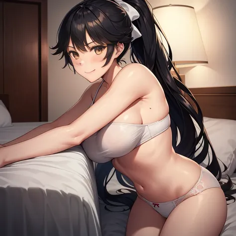 1girl,,big breasts,hotel room,bed,(8k),
,detailed face,black hair,brown eyes,very long hair,embarassed,small smile face,ponytail,hair, high_res, high_definition,battlefield,sexy pose,White_Brassier,black_panties,