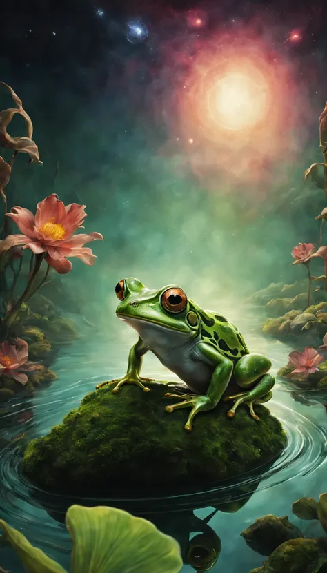 A hyper-realistic depiction of a frog in mid-leap, captured in a moment of pure grace and agility. The frogs body is rendered with intricate details, showcasing its vibrant green skin and the subtle texture of its webbed feet. The scene is bathed in a surr...