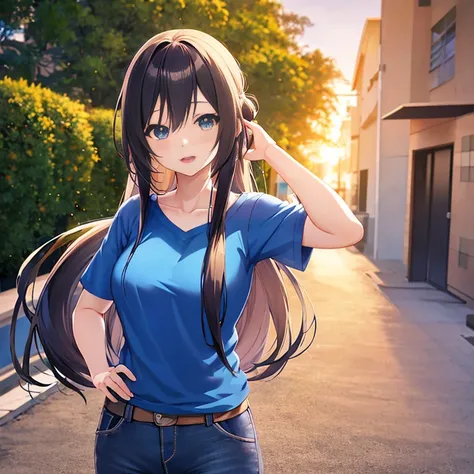 anime girl with long hair and blue shirt poses for photo, realistic anime 3 d style, 3 d anime realistic, photorealistic anime, ...