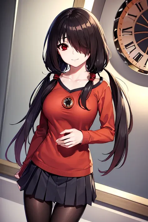 kurumitokisaki, tokisaki kurumi, (clock eyes:1.5), black hair, long hair, twintails, (hair over one eye:1.2), (red eyes:1.5), (medium breast:1.4), smile, pantyhose, pleated skirt, black pantyhose, (cowboy shot:1.5),
BREAK (masterpiece:1.2), best quality, h...