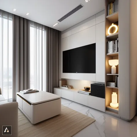 modern style, the apartment's interior is a mix of yellow and white, symbolizing the sun, happiness, and optimism. yellow is use...