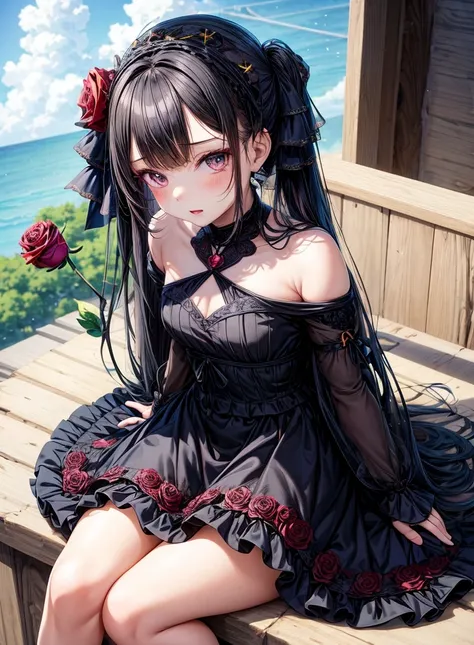 anime girl sitting on a ledge with a rose in her hand, loli in dress, anime girl wearing a black dress, anime visual of a cute girl, cute anime waifu in a nice dress, anime moe artstyle, small curvy loli, seductive anime girl, beautiful anime girl, pretty ...